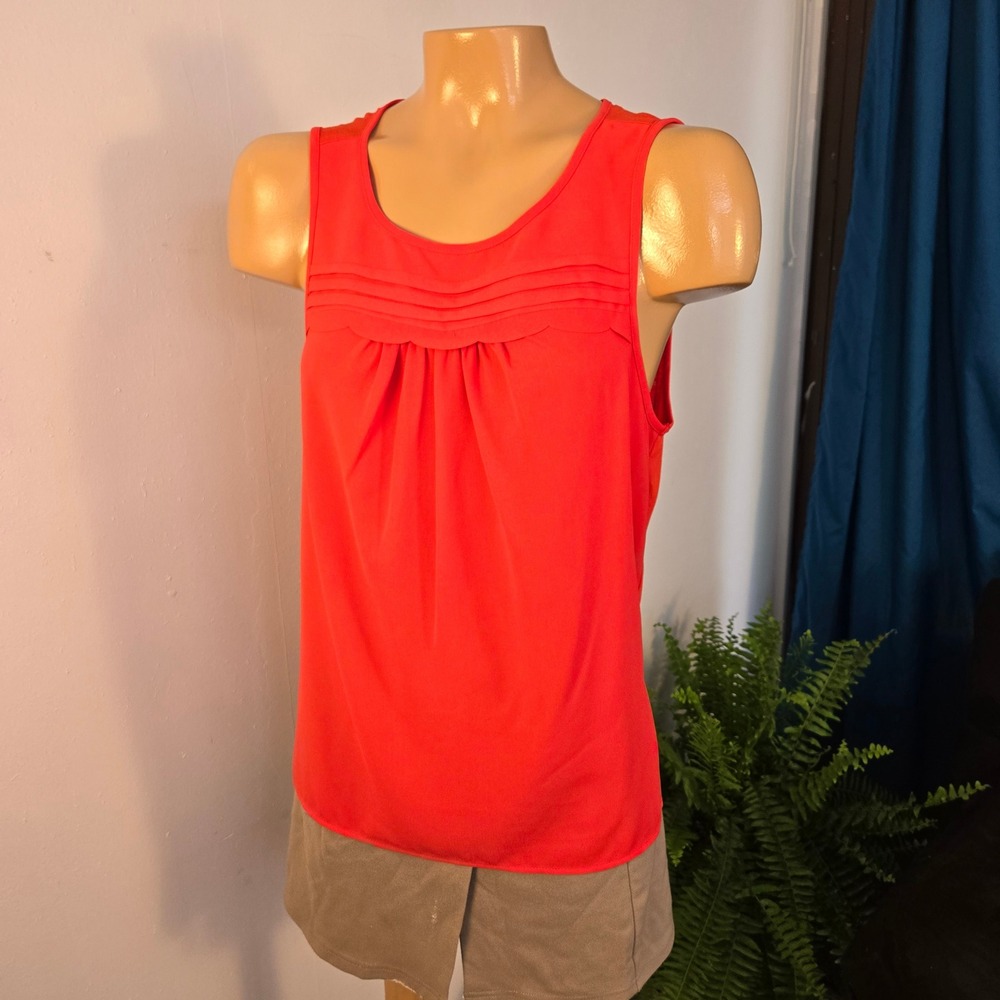 ELLE Womens Sleeveless Blouse Medium Orange Pleated Scalloped Cottage Core